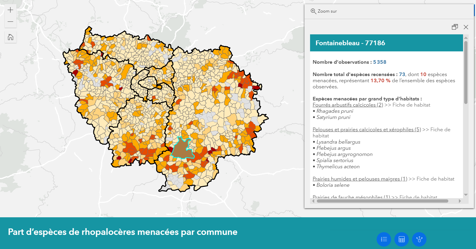 Carte de la part d’espèces menacées par commune pour les papillons de jour en Île de-France en 2024