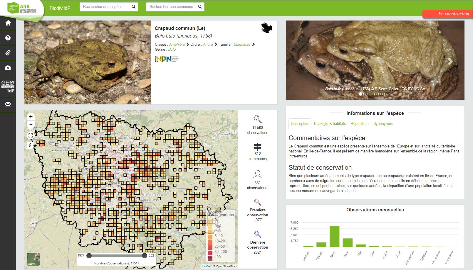 Aperçu d'une fiche espèce de l'Atlas dynamique de la biodiversité francilienne
