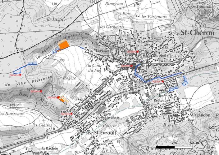 Carte des relevés réalisés (en orange, bleu et rouge) sur la commune de Saint-Chéron lors de la journée d'inventaire du 10 septembre