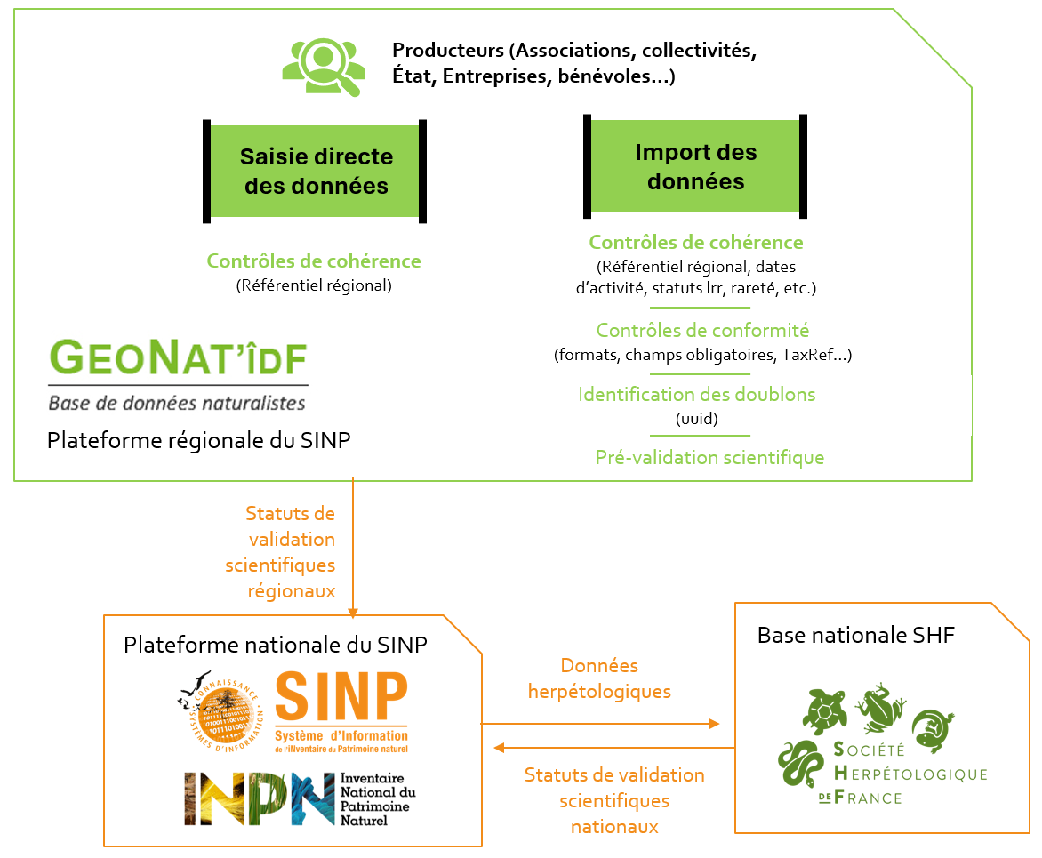 Schéma simplifié des flux de données et statuts de validation entre producteurs, plateformes du SINP et référent thématique national