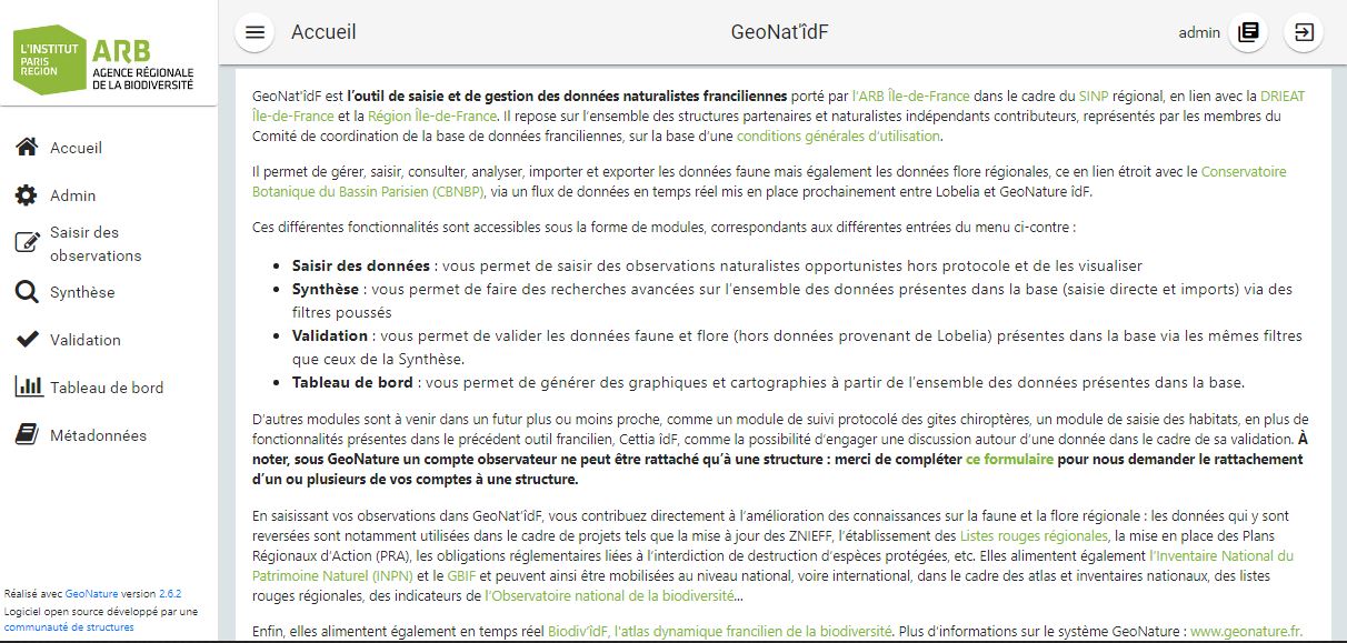 Impression écran de la page d'entrée de l'outil de saisie et restitution des données naturalistes GeoNat'îdF	